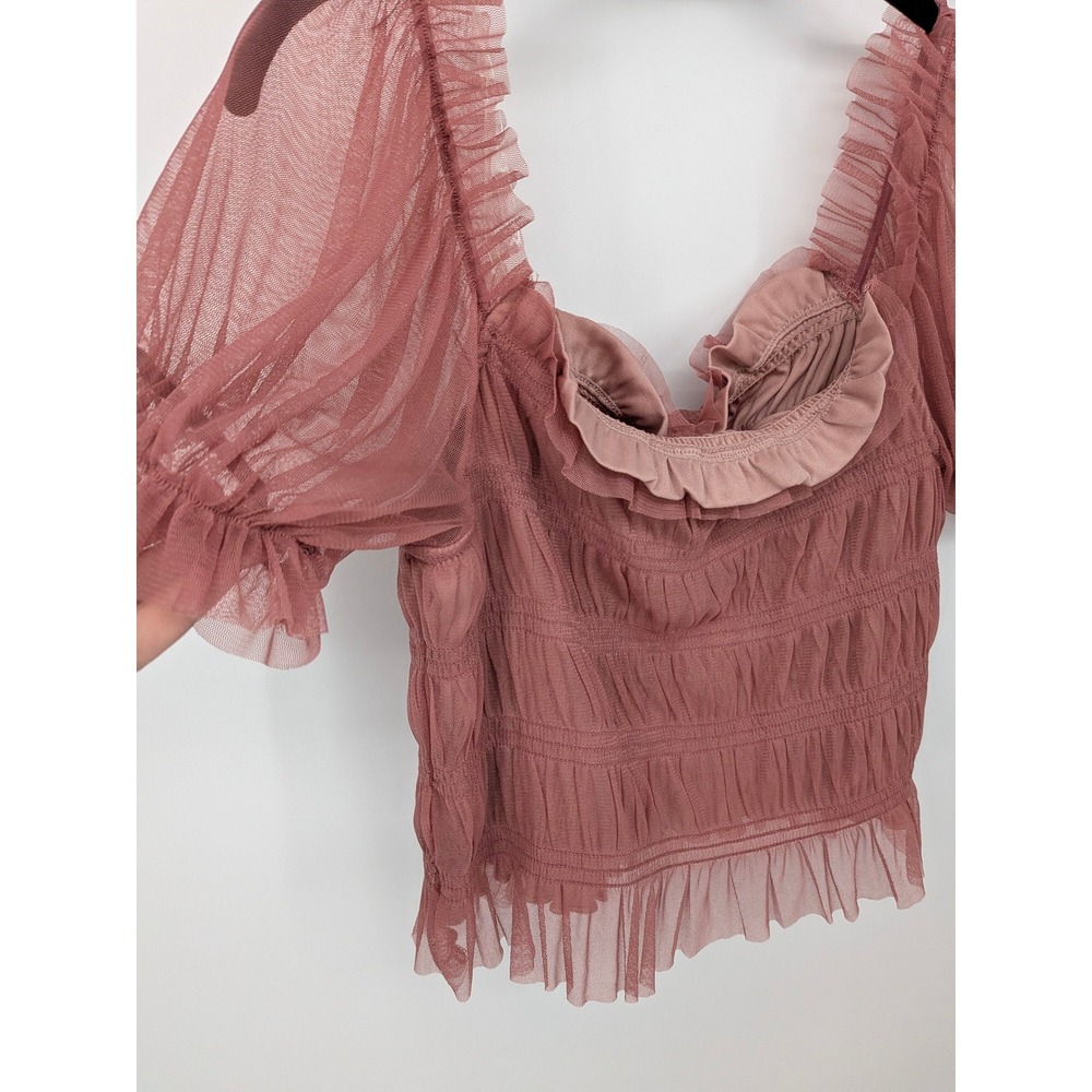 Fairycore Mesh Tulle Crop Top Womens Large Mauve Pink Smocked Ruffle Sheer NWT - Picture 3 of 10